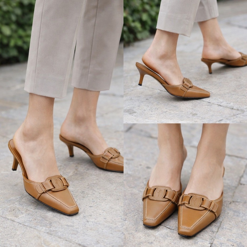 Salvatore Ferragamo Leather Mule Heels‎ 7.5A Gancini Buckle Italian Designer Lux